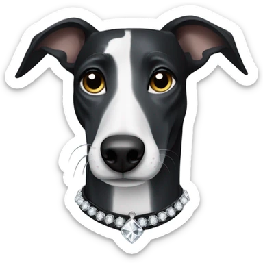 Black greyhound with white diamond shaped spot wearing a black collar  sticker