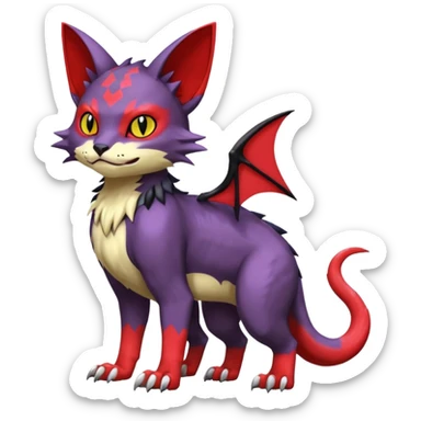 with red markings, white belly, scaley scaly batty feline-like quadrupedal digitigrade furry feral Bastet-Noibat-Gatomon-Garchomp-Digimon-Fakémon-Pokémon-creature (full body) sticker