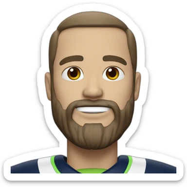 Andy Dooley with a beard wearing Seahawks jersey sticker