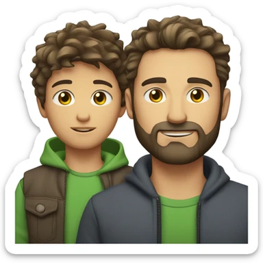 Handsome Father 40s green eyes with short full beard with Son 13s tousled bedhead look both has brunette hair light skin arms on shoulder portrait sticker