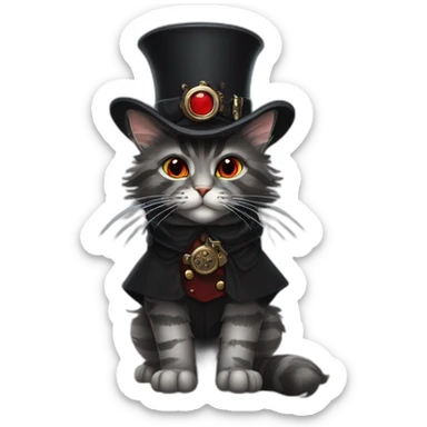 a dark grey tabby maine coon with red eyes wearing a black steampunk hat and a grey hunter cloak sticker