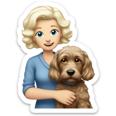 blue eyed old blonde lady with dark brown Cockapoo puppy dog sticker