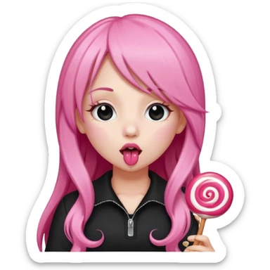 Cute girl with long pink hair wearing black licking a lolli sticker