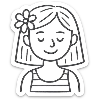 girl with straight hair, flower in hair, summer hand-drawn style outlined icon sticker