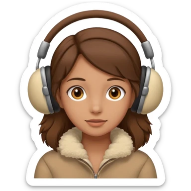 A girl wearing beige ear muffs, tan skin, brown hair, brown eyes sticker