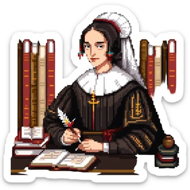 Sor Juana Inés de la Cruz with a quill pen and books sticker