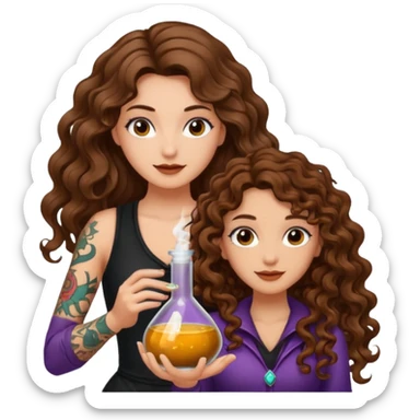potion combo success — long wavy brown hair tattooed woman and short tight curly brown hair woman — vial connect sticker
