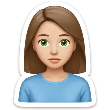 Adult woman avatar, light skin tone, oval face, straight long ash-brown hair, green eyes, neutral mouth, sky blue top sticker
