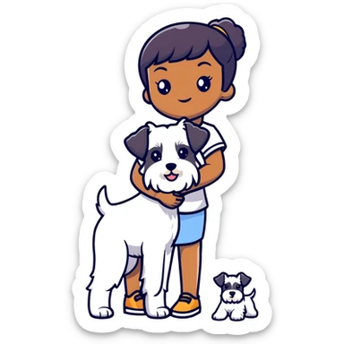 Black girl with short bangs holding a white schnauzer dog sticker