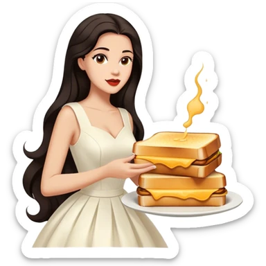 Beautiful woman in 1950’s woman fashion look, white dress, long dark brown hair, grilled cheese sandwiche sticker
