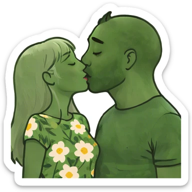 Girl with long blonde hair of a couple kissing give the guy brown and white mixed hair sticker