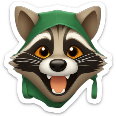 brown raccoon with orange eyes and a dark green hood that is laughing sticker