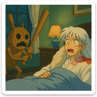 Wooden creature holding a baseball bat and scaring sesshomaru While he is sleeping We are shocked sticker