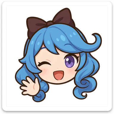 Gwen from League of Legends, chibi emote style, only head visible, right eye purple, hi expression, waving hand, eyes open, cute and expressive sticker