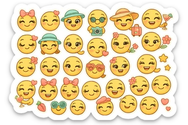 Nagy szempillás, mosolygós, csajos emoji különböző arckifejezésekkel és kiegészítőkkel, mint masni, napszemüveg, kalap, koktél, kamera, bőrönd, virág, szív, csillag, vidám, színes, nőies stílusban, 30 különböző változat sticker