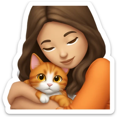 brunette hair girl snuggling orange cat sticker