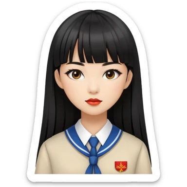chic woman with Asian skin, black long straight bangs, wearing a school uniform, and makeup sticker