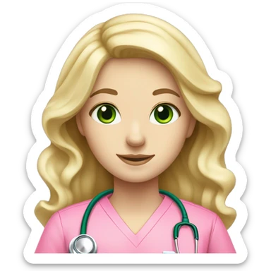 pale blonde girl with long wavy hair and green eyes wearing pink scrubs and stethoscope  sticker