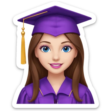 girl with gorgeous long brown hair, blue eyes, long lashes makeup, sexy pink lips, wearing a purple graduation cap and gown sticker