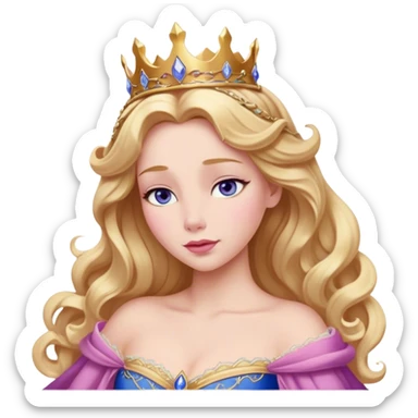 Cinematic Realistic Sleeping Beauty (Aurora) Portrait, with porcelain-like skin featuring a natural rosy flush, illuminated by soft lighting that highlights the gentle contours of her face. Her golden blonde hair flows in soft, detailed waves with subtle highlights that shimmer in the light. Her deep violet-blue eyes radiate warmth and innocence, framed by arched brows and long lashes. Her serene expression exudes quiet elegance. She is dressed in her classic pink gown, the fabric rich in texture with delicate folds that catch the light. A golden crown rests atop her head, gleaming with royal refinement. The portrait captures a soft, glowing aura, blending realism with an ethereal sense of beauty and timeless enchantment. sticker