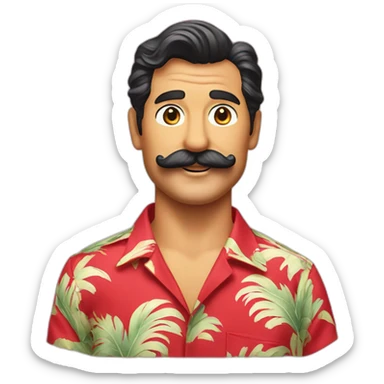 Smiling Magnum PI with a big mustache in a red Hawaiian shirt sticker
