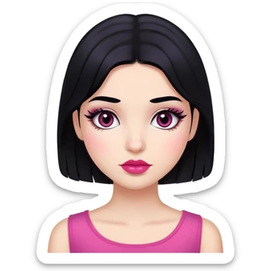 girl with black hair that reaches her shoulders and dark eyes with blush on her cheeks and mascara on her lashes and dark pink lips sticker