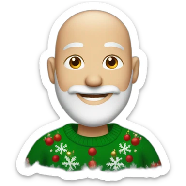 a smiling bald man with a gray beard, wearing a Christmas sweater sticker