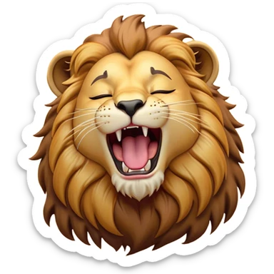 Cinematic Cute Yawning Lion Portrait Emoji, Head tilted slightly with a dramatic, wide-open yawn, showcasing a soft, downy tawny Fur with a majestic mane, floppy ears slightly drooping, round amber eyes barely open in drowsy contentment, Simplified yet irresistibly adorable features, highly detailed, glowing with a soft, cozy glow, high shine, relaxed yet expressive, stylized with a touch of savannah whimsy, bright and endearing, soft glowing outline, capturing the essence of a sleepy yet affectionate lion, so drowsy it feels like it could stretch out of the screen and curl up for a nap! sticker