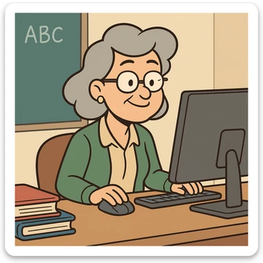 female teacher with grey hair at desk working in front of computer, cartoon style sticker
