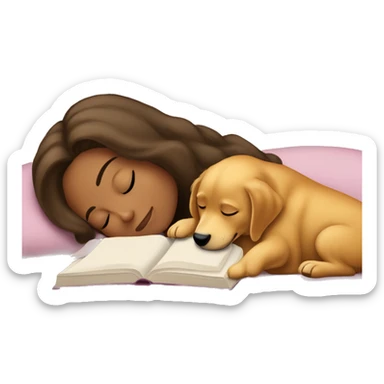 Bob hair brunette napping with her golden retriever puppy while reading sticker