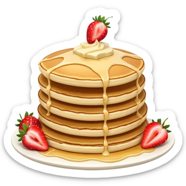 a stack of 3 pancakes with melted white chocolate drizzle on the top pancake and strawberries sticker