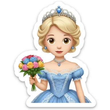 An emoji portrait of a Victorian princess. She is wearing an elaborate crinoline ball gown with intricate lace trim and ribbons. She wears a tiara on her head, and her expression is poised and proper. She is holding a small bouquet of flowers. sticker
