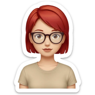 girl short-layer-red-hair wear beige T-shirt, wear dark red glasses sticker