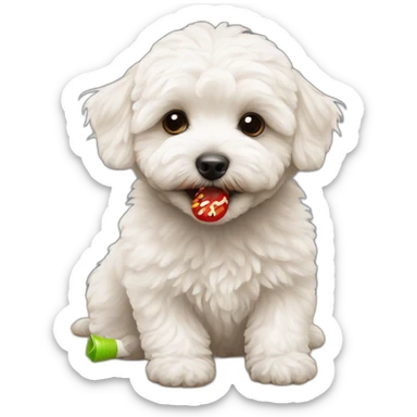 MaltiPoo eating a dart sticker