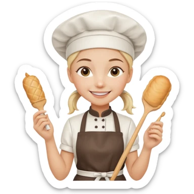 Young female pastry chef - ponytail, apron, wearing a white hat, holding a cream piping bag sticker