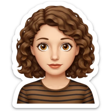 caucasian woman, 40s, chin-length wavy/curly/unruly brown-ish, few white stripes hair, hazel eyes sticker