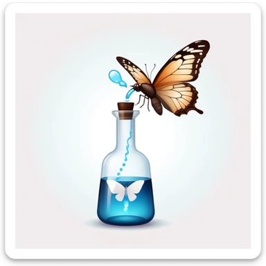 Small dark brown bottle with white cap floating next to a bright translucent butterfly-shaped thyroid icon, representing connection with metabolism and hormonal system sticker