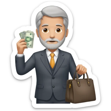 Un hombre con traje, de unos 60 años con barba, pelo largo, sin gafas y con una bolsa de dinero, importante, con traje de negocios y sin gafas  sticker