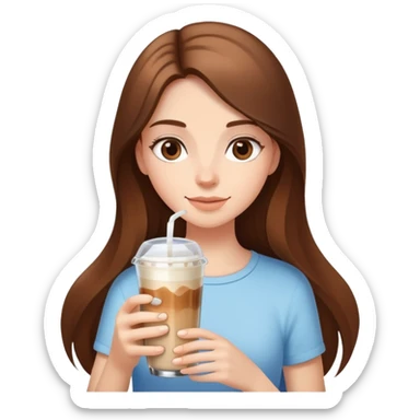 girl with long brown hair has ice latte coffee in glasse cup sticker