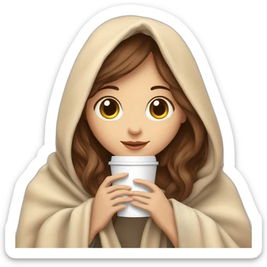 pale sking brown hair girl holding a coffee cup inside a blanket sticker
