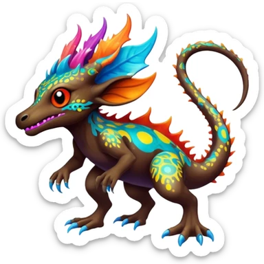 a colorful edgy vernid-fionbri-creature with splash patterns full body sticker