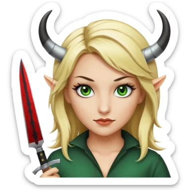 Emoji femme blonde cheveux blond, yeux vert avec de long cils noir qui a des cornes et tiens un couteau  sticker