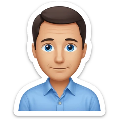 Middle aged man with tanned skin, receding dark hair and no beard, blue eyes, shy smile sticker
