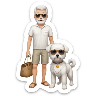 white man grey hair beard holding a white Maltese on a beach full body sticker