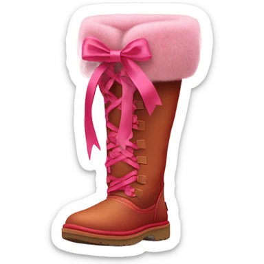 Realistic isolated pair of tall Red Ugg Fur Boots laced up with pink silk ribbon bows. sticker