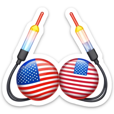 symbolic hot wire connecting Russia and USA with Russian and US flags at each end, glowing wire in the middle, tense atmosphere sticker