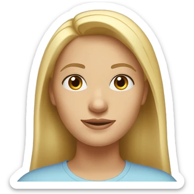 A head and shoulders shot of a 33 year old Caucasian woman, with straight blonde hair,   with brown eyes wearing a t-shirt. sticker