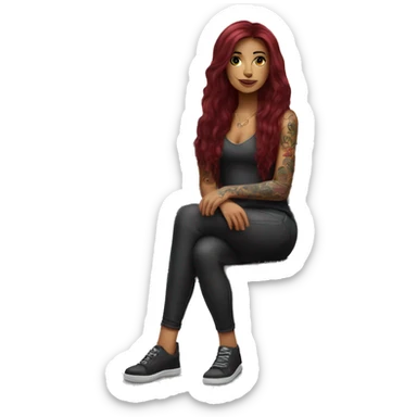 Beautiful tattooed burgundy long haired woman sitting on a bench sticker
