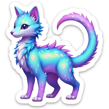 Kawaii iridescent colorful neon pastel fantasy feline-vernid-sergal-fursona animal creature with a tufted tail full body with intricate markings  sticker