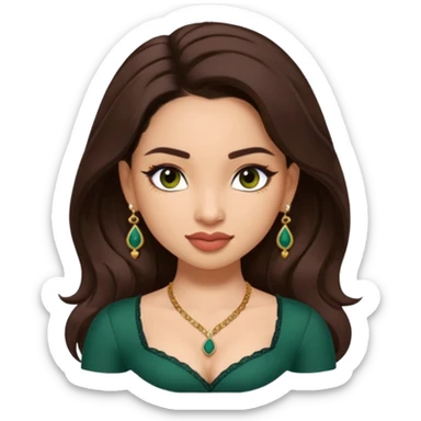 pretty bratz genmoji that looks like tamannah bhatia (bollywood actress), wearing a dark green sweetheart neckline top, dark brown hair, light makeup, no necklace, dangly earrings, side hair part, dark brown eyes, with tattoos sticker